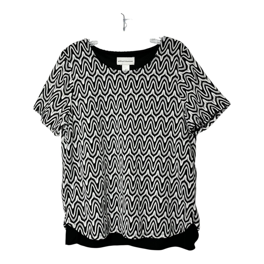 Alfred Dunner Black White Print Top Short Sleeve‎ Lined Blouse Womens Size M